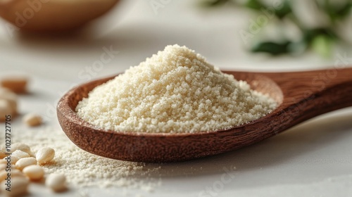 Almond Flour in Wooden Spoon on White Background