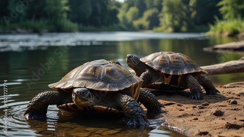 Two turtles sunning themselves on a riverbank. photo