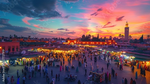 Obraz na płótnie Majestic Sunset Over Bustling Marrakech Market Square w salonie