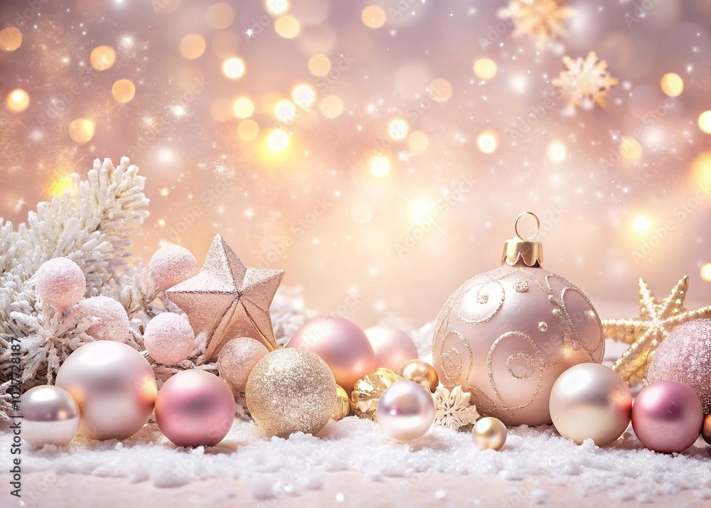 Enchanting Christmas Composition with Snowflakes and Bokeh Lights on Light Pink Background Enchanting Christmas Composition with Snowflakes and Bokeh Lights on Light Pink Background