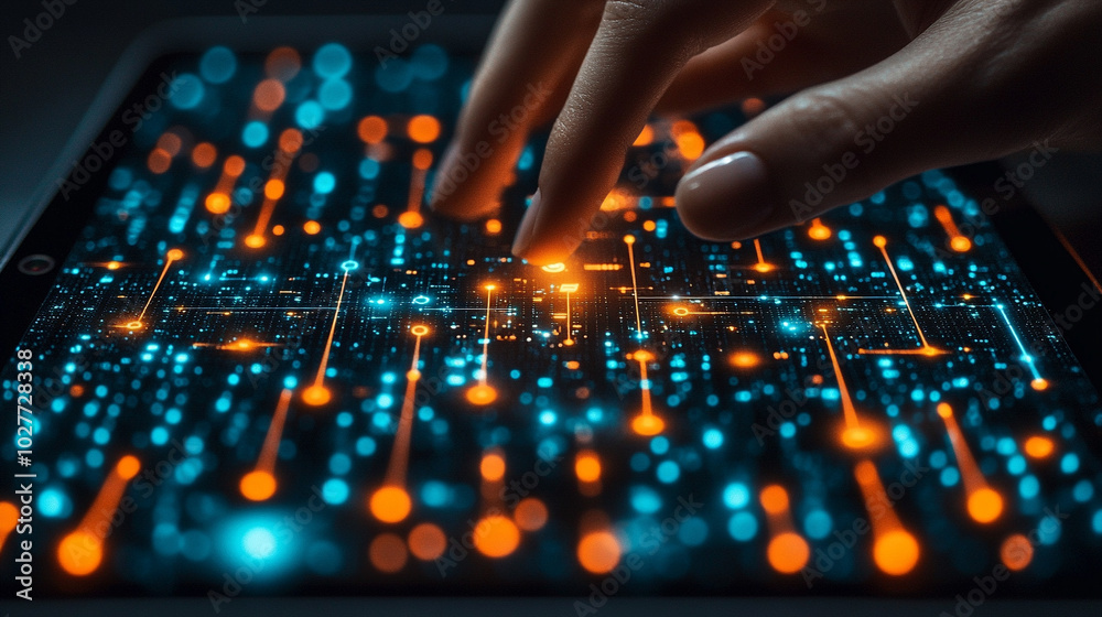 hand gently touches a tablet screen, representing the connection between human intuition and digital technology. This image symbolizes innovation, startup energy, and tech-driven creativity hand gently touches a tablet screen, representing the connection between human intuition and digital technology. This image symbolizes innovation, startup energy, and tech-driven creativity
