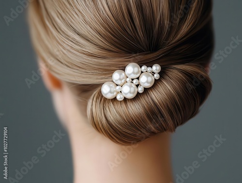 Pearl hairpin securing a sleek updo, pearl accessories, classic fashion detail photo