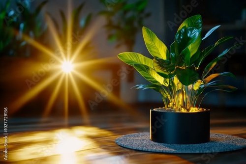 3D animation of sunlight slowly filling a room, with realistic textures and lighting showing the gradual transition from darkness to morning, creating a peaceful wake-up moment photo