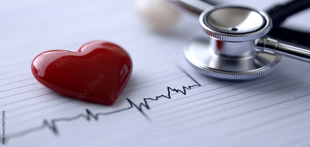 A red heart symbolizing love and health, positioned next to a stethoscope on a medical chart with heartbeat lines, illustrating medical care and heart health awareness.