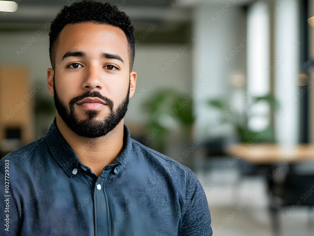 A portrait of a young man in a modern office setting with plants in the background. A portrait of a young man in a modern office setting with plants in the background.