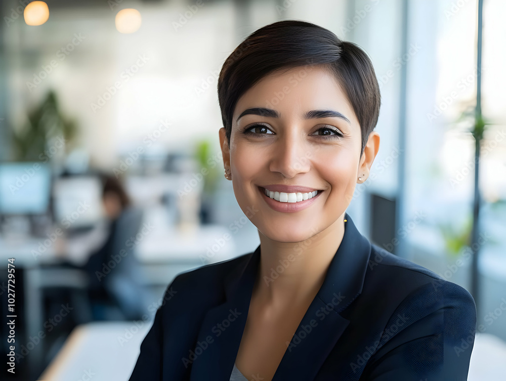 A confident professional woman smiling in a modern office setting. A confident professional woman smiling in a modern office setting.