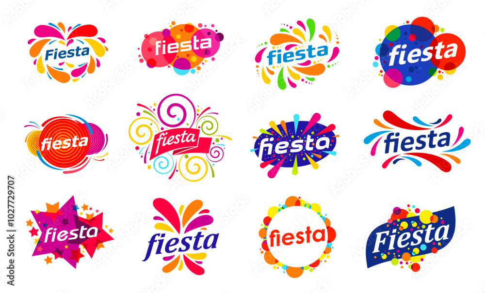 Fiesta holiday party and fun carnival event symbols, bright fete vector icons with confetti, ribbons and festive fireworks. Birthday party, summer fiesta and street carnival, entertainment event icons