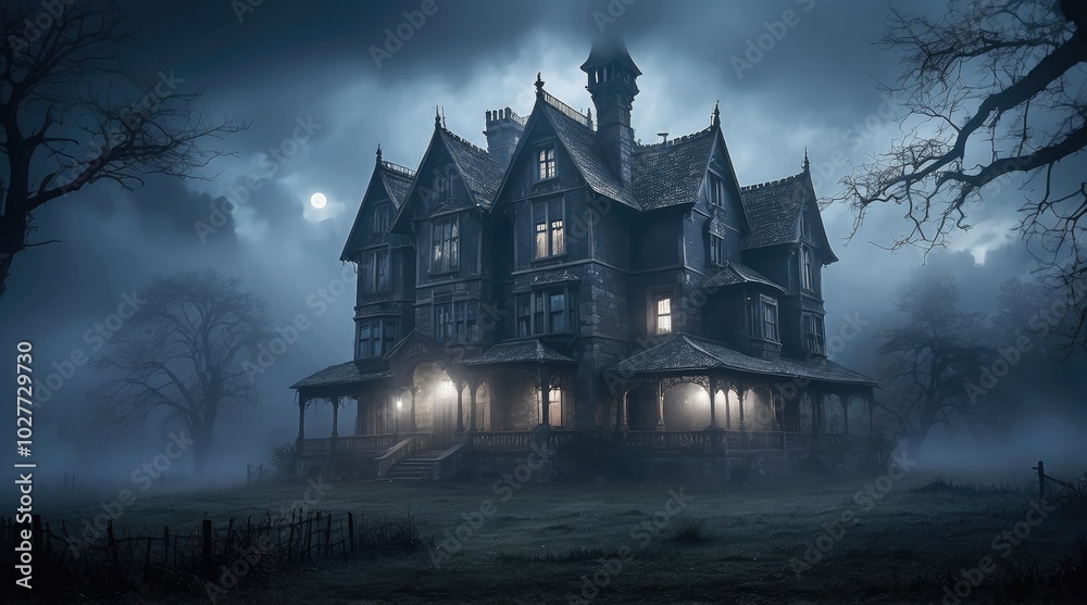 A foggy scene featuring a Victorian-style house illuminated through its windows, nestled among dark, A foggy scene featuring a Victorian-style house illuminated through its windows, nestled among dark,