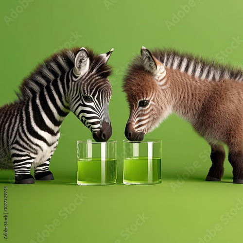 Two zebras drink green liquid from glasses on a vibrant green background. photo