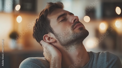 Young man is having a neck pain, touching the back of his neck, trying to relieve the ache. He is keeping his eyes closed photo