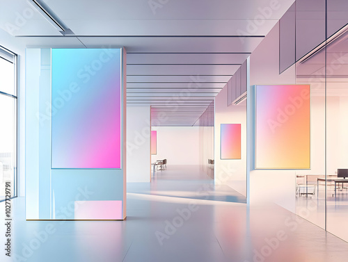 Modern interior with gradient art displays, emphasizing minimalism and contemporary design.