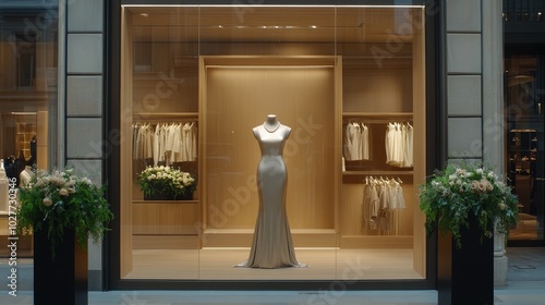 Mannequin in a floor-length metallic silver gown with pearl necklace and sparkling heels in a luxury retail store window