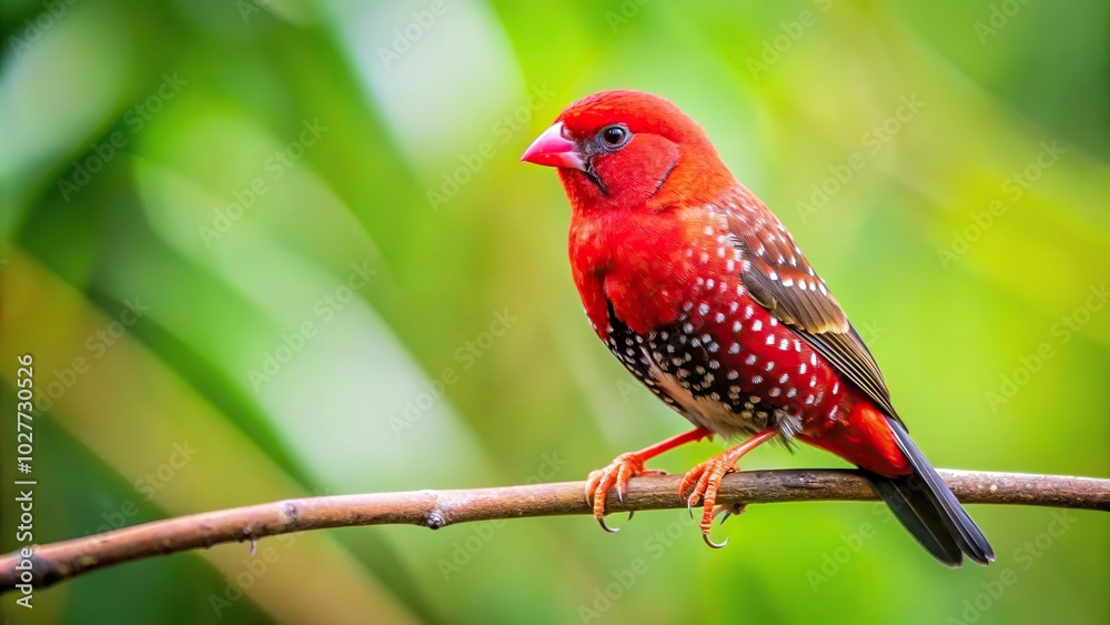 feathers, gazing, small, tranquility, bird, relax, elegant, avian, perching, bright, A red avadavat bird perches gracefully on a tree branch gazing into the distance in a medium shot feathers, gazing, small, tranquility, bird, relax, elegant, avian, perching, bright, A red avadavat bird perches gracefully on a tree branch gazing into the distance in a medium shot