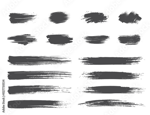 brush stroke set. grunge black ink textures. isolated vector elements for graphic design