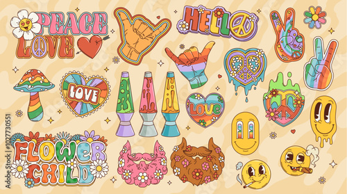 Cartoon retro groovy signs and symbols of vector flowers, smiling emojis, hearts and mushroom with rainbow pattern. Funky hippie peace signs, psychedelic liquid motion lamps, peace and love gestures