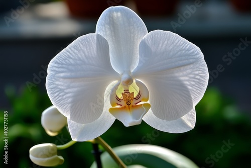 Close-up of a white orchid in full bloom, with lifelike textures of the flowerâ€™s center and petals, showing the delicate balance between softness and structure photo