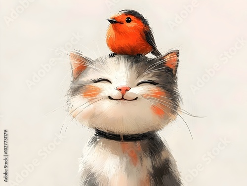 A sweet, calico cat with a tiny robin perched on its head, both smiling contentedly.