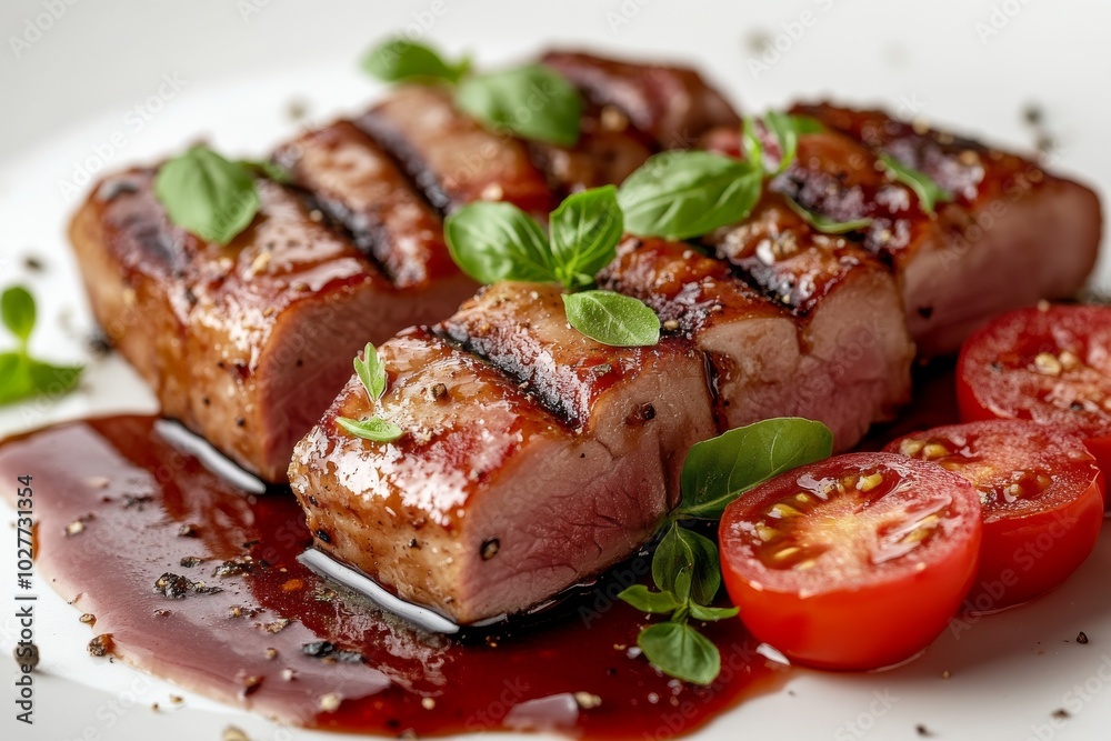 Grilled duck breast with balsamic glaze, cherry tomatoes and fresh basil on a white plate. Grilled duck breast with balsamic glaze, cherry tomatoes and fresh basil on a white plate.