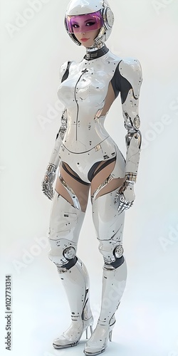 A futuristic female android in a white and black suit, standing on a white background.