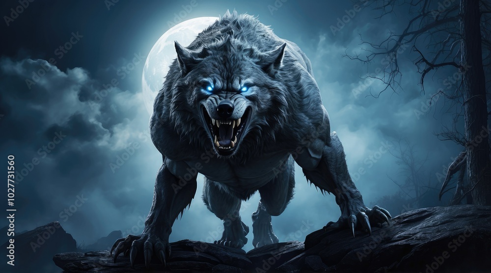 Fototapeta premium A towering werewolf with a muscular build and shaggy fur stands under a bright full moon,