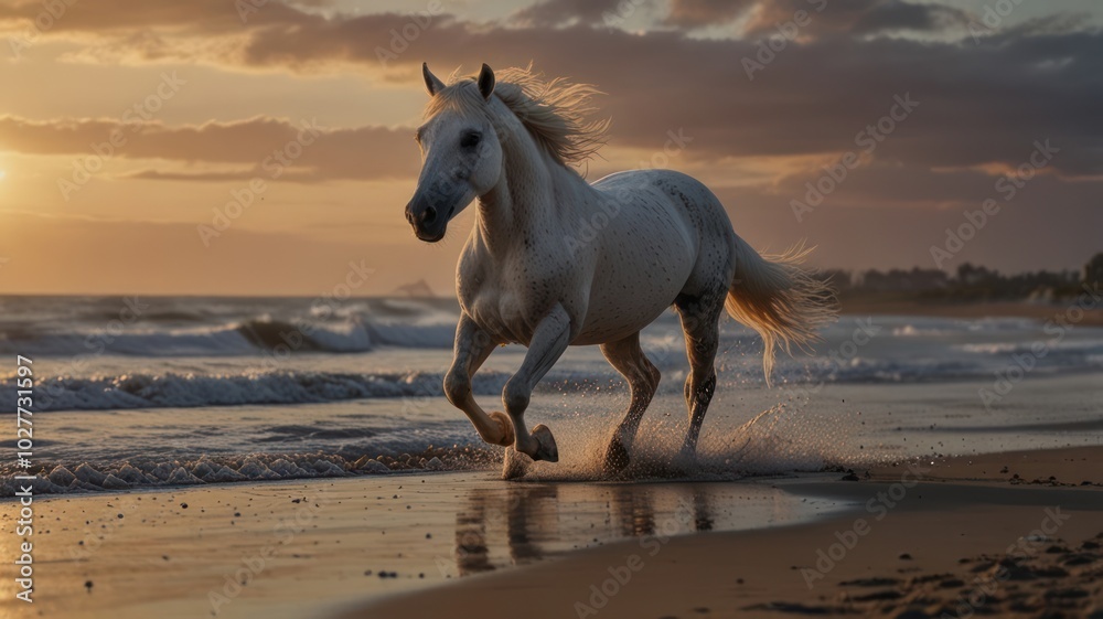 A white horse runs along a sandy beach at sunset, with the waves crashing behind it. A white horse runs along a sandy beach at sunset, with the waves crashing behind it.