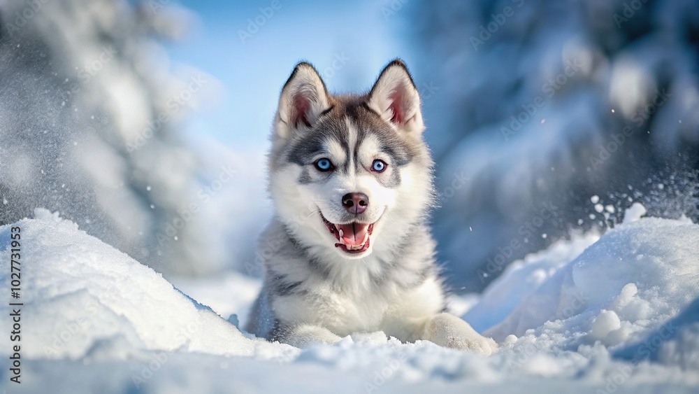 A little Siberian Husky puppy is joyfully playing with fresh snow creating a heartwarming and adorable scene, Siberian Husky, nature, purebred, white, furry, cute, seasonal, play, adorable A little Siberian Husky puppy is joyfully playing with fresh snow creating a heartwarming and adorable scene, Siberian Husky, nature, purebred, white, furry, cute, seasonal, play, adorable