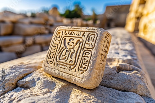 Detailed shot of the carved hieroglyphs on the Obelisk of Luxor, with the ancient symbols standing out in sharp relief against the weathered stone, glowing softly in the sunlight photo