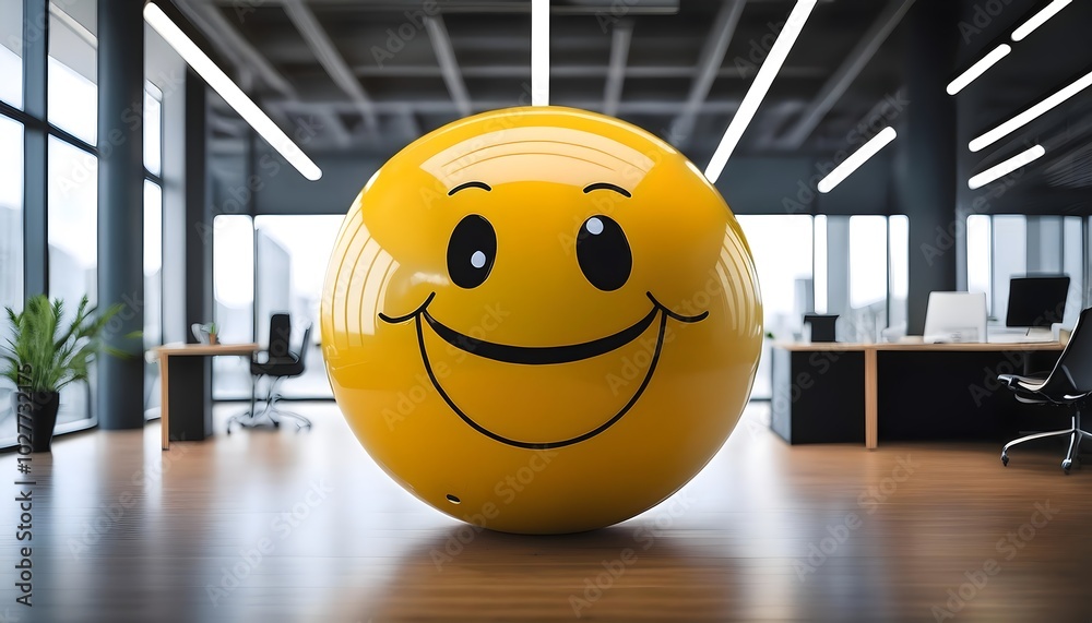 A cheerful yellow smiley face, beaming with positivity in a minimalist office space, adorned with sleek modern furniture, creating a welcoming ambiance A cheerful yellow smiley face, beaming with positivity in a minimalist office space, adorned with sleek modern furniture, creating a welcoming ambiance