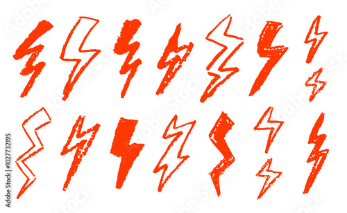 Set of lightning by wax pencil drawing. Collection of handdrawing chalk , light flash signs, Doodle thunder bolts, red color design elements. Graffiti style weather symbols. Vector illustration