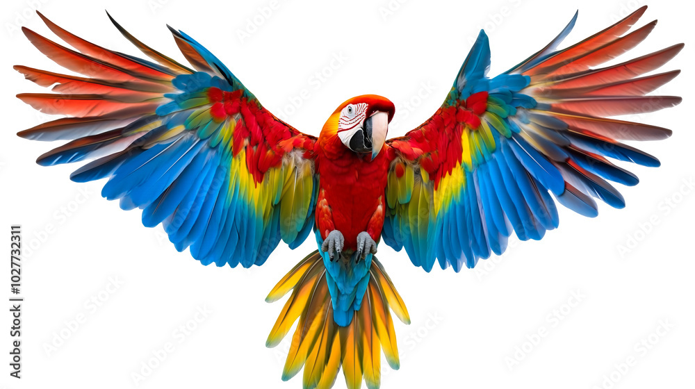 Obraz premium A colorful macaw with a wide wingspan isolated on a transparent background, PNG 