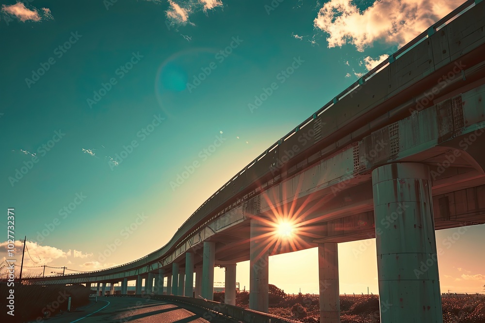 Fly over the city at sunset. A modern highway on an overpass. Fly over the city at sunset. A modern highway on an overpass.