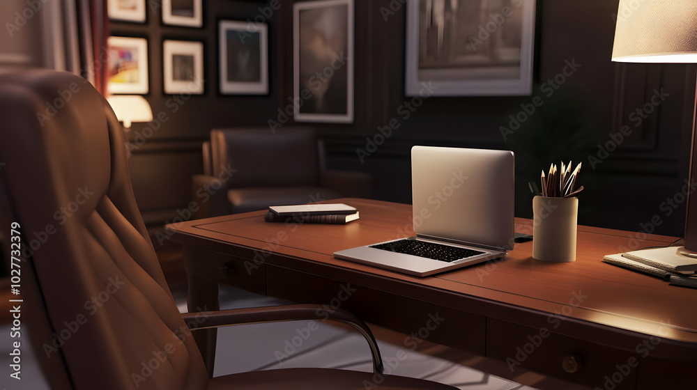 Fototapeta premium A modern office space featuring a desk, laptop, and comfortable seating.