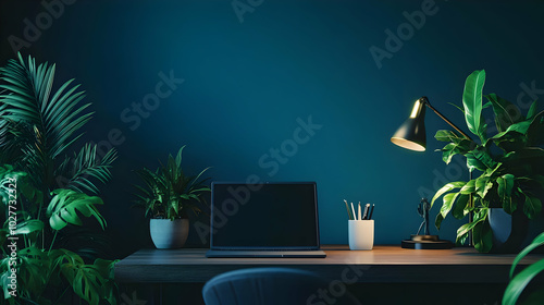 A cozy workspace featuring a laptop, desk lamp, and lush plants against a dark blue wall.