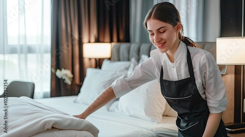 A female maid makes the bed in a hotel room during the day. Toilet concept, shared services, bed, hotel.