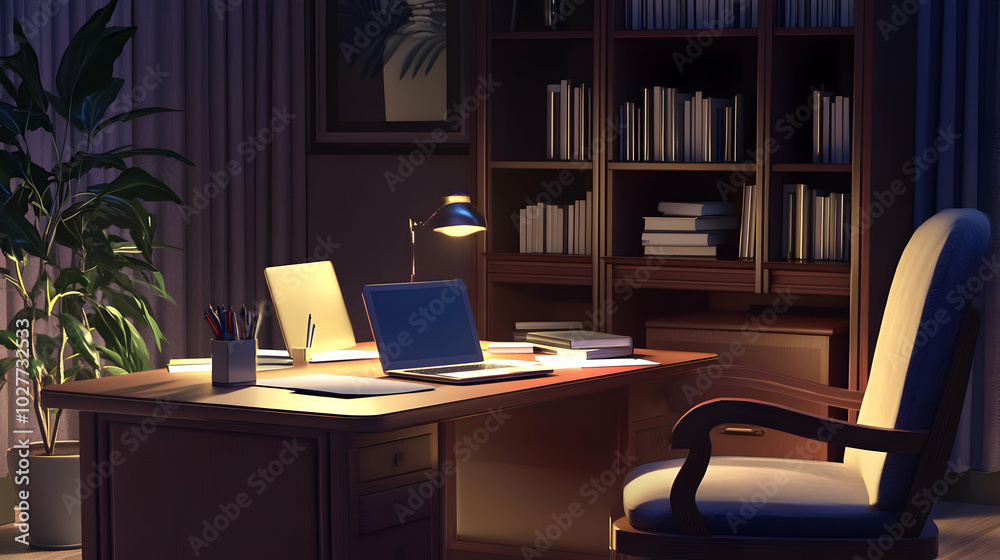 Fototapeta premium A cozy office space with a desk, laptop, and bookshelves, illuminated by a desk lamp.