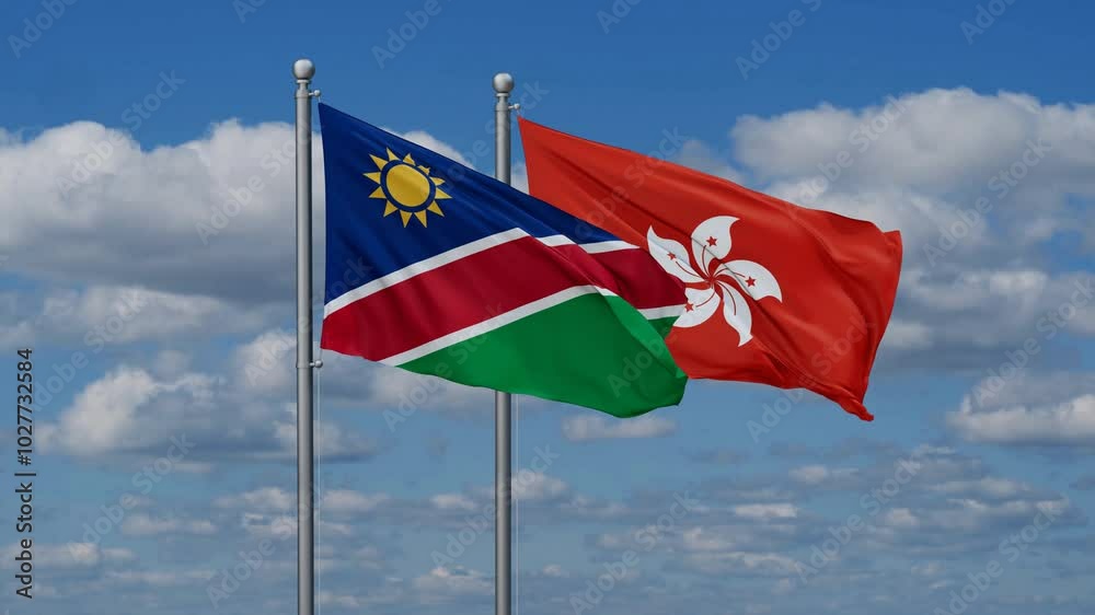 Hong Kong and Namibia flags flying together, video concept of the relationship, two country relations concept Hong Kong and Namibia flags flying together, video concept of the relationship, two country relations concept