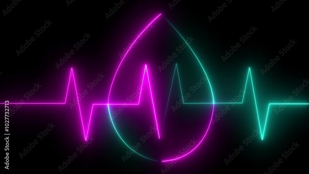 Abstract neon heartbeat signal icon, world blood donor day concept. pink and cyan color neon line blood heartbeat icon on a black background. Abstract neon heartbeat signal icon, world blood donor day concept. pink and cyan color neon line blood heartbeat icon on a black background.
