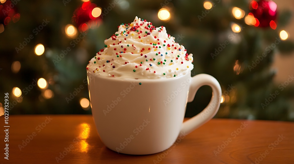 Hot cocoa topped with whipped cream and festive sprinkles next to a Christmas tree Hot cocoa topped with whipped cream and festive sprinkles next to a Christmas tree
