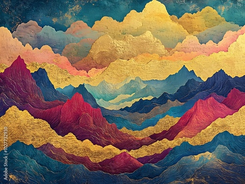 A stunning abstract painting of a mountain range with a colorful sky. The painting features a range of colors from gold and red to blue and purple.