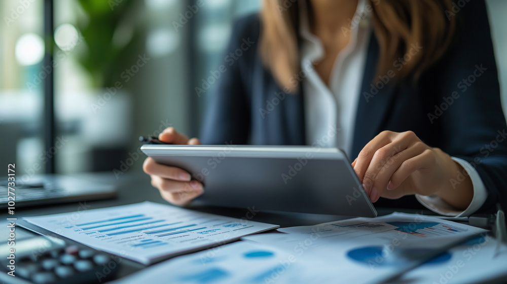 A professional woman sitting at a desk, using online banking on her tablet to manage finances. Copy space in the background A professional woman sitting at a desk, using online banking on her tablet to manage finances. Copy space in the background