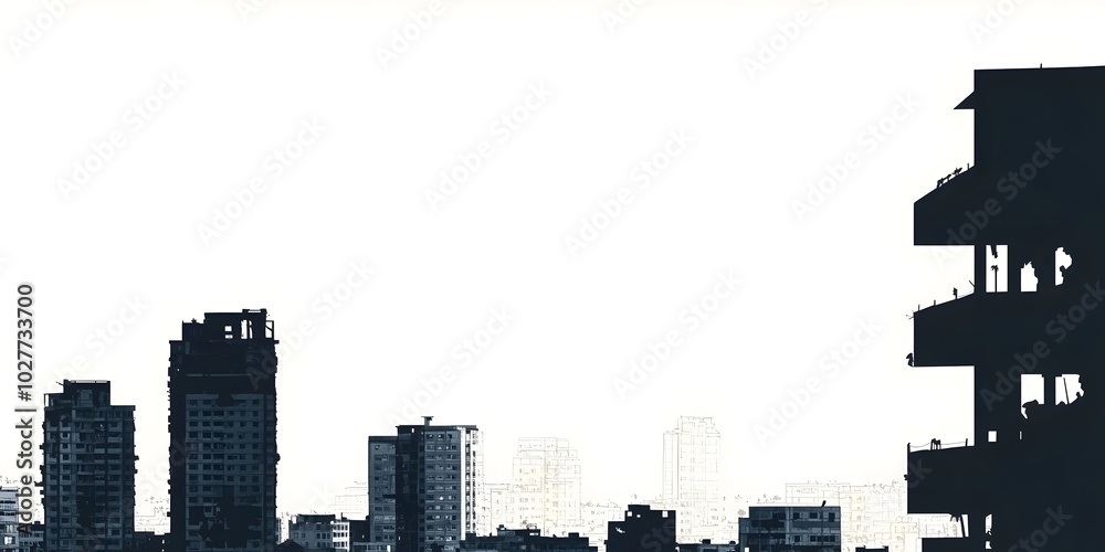 Silhouettes of tall buildings against a bright white sky, creating a stark contrast. Silhouettes of tall buildings against a bright white sky, creating a stark contrast.