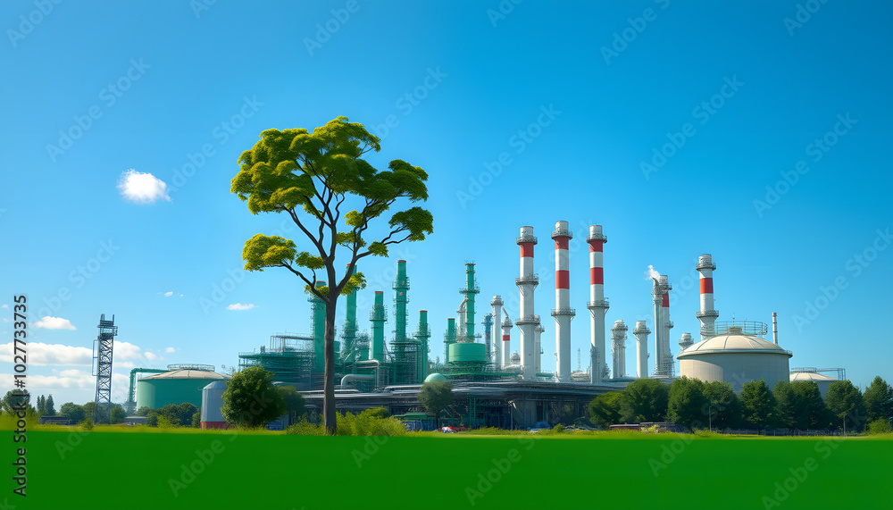 Obraz premium Green petrochemical Industrial, Refinery plant with tree blue sky. Green industry eco production for sustainable saving environmental friendly low carbon footprint concept isolated with white highli