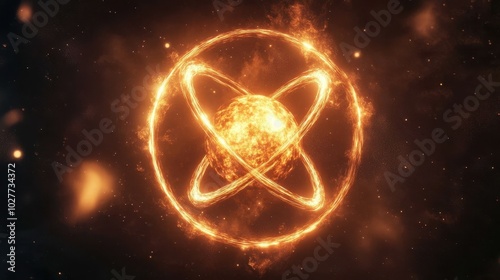 Glowing Atom with Electrons Close Up View