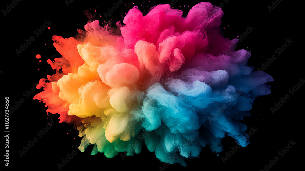 Fototapeta premium A vibrant explosion of colorful smoke, showcasing a blend of pink, orange, yellow, green, and blue hues. Perfect for creating striking backgrounds or artistic designs.