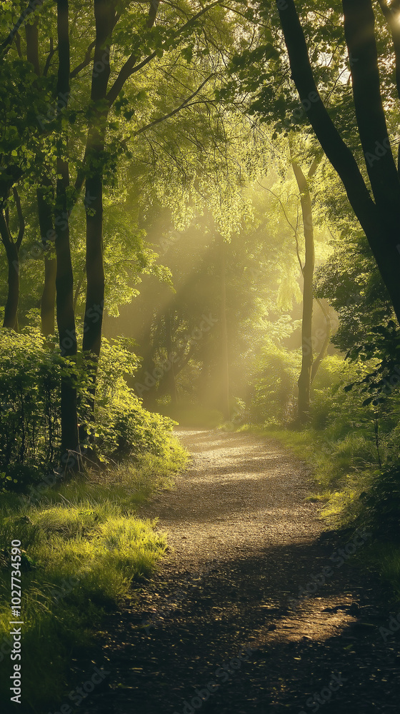 Fototapeta premium Serene forest path illuminated by soft sunlight and surrounded by lush greenery