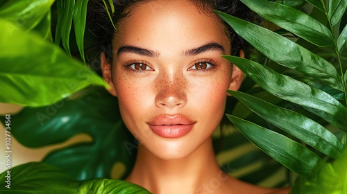 A close-up portrait of a young woman among lush green leaves, showcasing natural beauty and serenity.