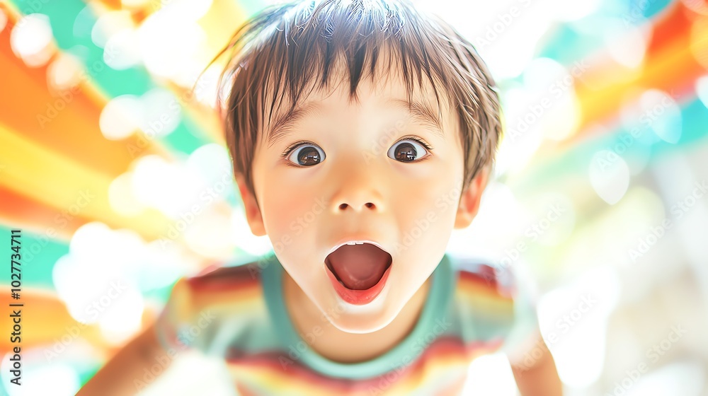 A joyful child with wide eyes and an excited expression, surrounded by colorful patterns, capturing the essence of childhood happiness. A joyful child with wide eyes and an excited expression, surrounded by colorful patterns, capturing the essence of childhood happiness.