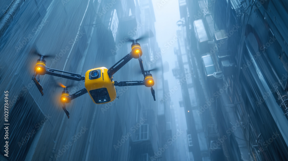 A drone flying through a narrow alley with tall buildings during a rainy day A drone flying through a narrow alley with tall buildings during a rainy day