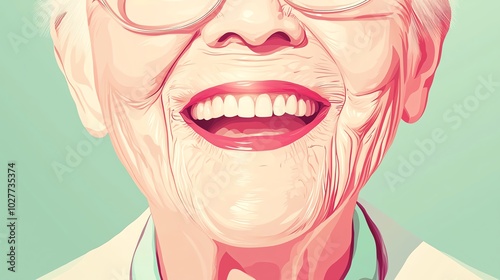 Joyful elderly woman smiling brightly, showcasing wisdom and happiness in vibrant colors. Perfect for celebrating aging and positivity. photo