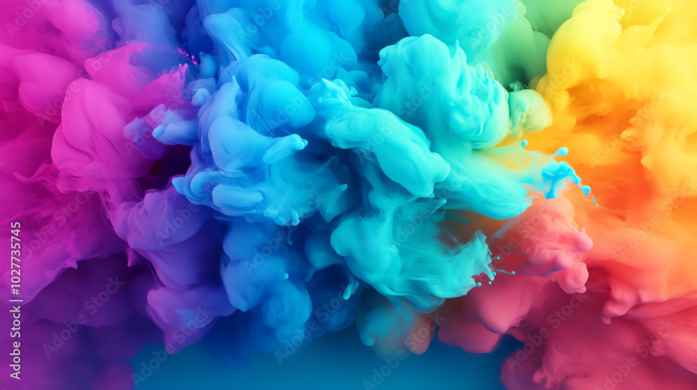 Colorful abstract smoke explosion with vibrant hues of pink, blue, green, and yellow on a smooth background, creating a dynamic and energetic visual. Colorful abstract smoke explosion with vibrant hues of pink, blue, green, and yellow on a smooth background, creating a dynamic and energetic visual.